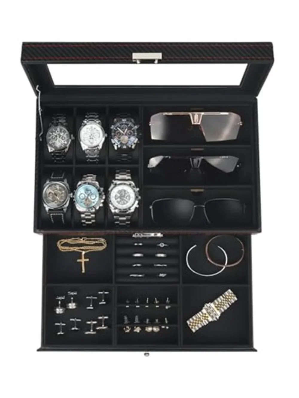 Watch Jewelry Box Organizer, 6-Slot 2-Layer Watch Case and Sunglasses